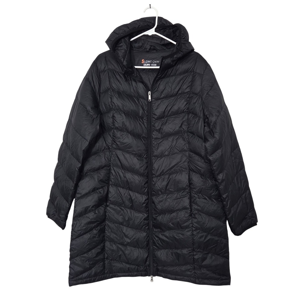 Slowdown Womens Black‎ Hooded Puffer Jacket Longline Quilted Parka Size XXL READ